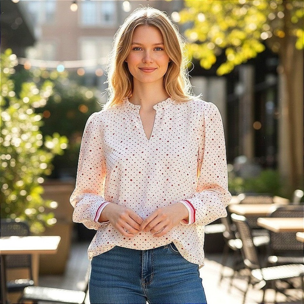 CeCe Womens Polka Dot Ruffle Neck Blouse Red Pink White Long Sleeve Size M